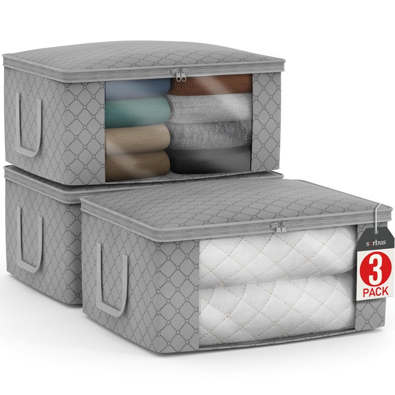 Sorbus Medium Clothes Storage Bags - Foldable Blanket Storage Bins for Organizing Bedroom, Closet, Clothing, Comforter, Organization with Clear Window, Lids and Carry Handles - Set of 3 - Image 1